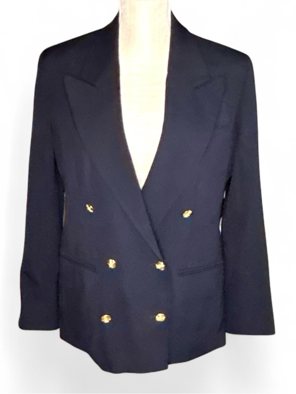 AUSTIN REED Double Breasted Suit Jacket Womens Size 8 Navy Worsted Wool Brass